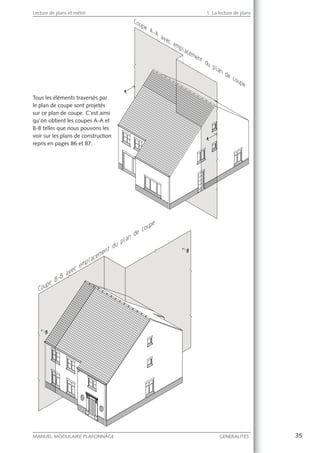 35MANUEL MODULAIRE PLAFONNAGE GENERALITES
Lecture de plans et métré 1. La lecture de plans
Tous les éléments traversés par
le plan de coupe sont projetés
sur ce plan de coupe. C’est ainsi
qu’on obtient les coupes A-A et
B-B telles que nous pouvons les
voir sur les plans de construction
repris en pages 86 et 87.
 