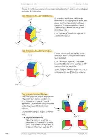 40 MANUEL MODULAIRE PLAFONNAGE GENERALITES
Lecture de plans et métré 1. La lecture de plans
Il existe de nombreuses axonométries, mais seuls quelques types sont recommandés pour
les dessins de construction:
La projection isométrique
La projection isométrique est l’une des
méthodes les plus appliquées en dessin. Elle
donne la même importance visuelle aux
trois plans. C’est pourquoi elle convient
à merveille pour donner une image bien
concrète de l’objet.
L’axe Y et l’axe X forment un angle de 30°
avec l’axe horizontal.
La projection dimétrique
L’accent est mis sur la vue de face. Cette
illustration donne une représentation très
ﬁdèle de l’objet.
L’axe Y forme un angle de 7° avec l’axe
horizontal et l’axe X forme un angle de 42°
avec ce même axe horizontal.
Toutes les lignes latérales situées sur l’axe X
sont raccourcies aux 2/3 de leur longueur.
La projection oblique
Dans cette projection, le plan de projection
est parallèle à un plan de coordonnées
et à l’élévation principale de l’objet à
représenter. Deux des axes de coordonnées
sont orthogonaux et le troisième est
arbitraire.
Les projections obliques les plus courantes
sont:
la projection cavalière
Quatre projections cavalières
possibles sont représentées ci-contre.
Deux axes forment un angle droit et
le troisième forme un angle de 45°.
La projection isométrique
La projection dimétrique
La projection oblique
D
 