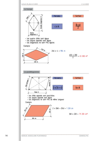 56 MANUEL MODULAIRE PLAFONNAGE GENERALITES
Lecture de plans et métré 2. Le métré
Le losange
Le parallélogramme
 