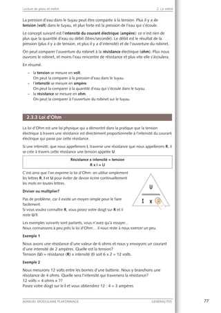 77MANUEL MODULAIRE PLAFONNAGE GENERALITES
Lecture de plans et métré 2. Le métré
La pression d’eau dans le tuyau peut être comparée à la tension. Plus il y a de
tension (volt) dans le tuyau, et plus forte est la pression de l’eau qui s’écoule.
Le concept suivant est l’intensité du courant électrique (ampère): ce n’est rien de
plus que la quantité d’eau ou débit (litres/seconde). Le débit est le résultat de la
pression (plus il y a de tension, et plus il y a d’intensité) et de l’ouverture du robinet.
On peut comparer l’ouverture du robinet à la résistance électrique (ohm). Plus nous
ouvrons le robinet, et moins l’eau rencontre de résistance et plus vite elle s’écoulera.
En résumé:
- la tension se mesure en volt.
On peut la comparer à la pression d’eau dans le tuyau.
- l’intensité se mesure en ampère.
On peut la comparer à la quantité d’eau qui s’écoule dans le tuyau.
- la résistance se mesure en ohm.
On peut la comparer à l’ouverture du robinet sur le tuyau.
2.3.3 Loi d’Ohm
La loi d’Ohm est une loi physique qui a démontré dans la pratique que la tension
électrique à travers une résistance est directement proportionnelle à l’intensité du courant
électrique qui passe par cette résistance.
Si une intensité, que nous appellerons I, traverse une résistance que nous appellerons R, il
se crée à travers cette résistance une tension appelée U.
Résistance x intensité = tension
R x I = U
C’est ainsi que l’on exprime la loi d’Ohm: on utilise simplement
les lettres R, I et U pour éviter de devoir écrire continuellement
les mots en toutes lettres.
Diviser ou multiplier?
Pas de problème, car il existe un moyen simple pour le faire
facilement.
Si vous voulez connaître R, vous posez votre doigt sur R et il
reste U/I.
Les exemples suivants sont parlants, vous n’avez qu’à essayer...
Nous connaissons à peu près la loi d’Ohm… il nous reste à nous exercer un peu.
Exemple 1
Nous avons une résistance d’une valeur de 6 ohms et nous y envoyons un courant
d’une intensité de 2 ampères. Quelle est la tension?
Tension (U) = résistance (R) x intensité (I) soit 6 x 2 = 12 volts.
Exemple 2
Nous mesurons 12 volts entre les bornes d’une batterie. Nous y branchons une
résistance de 4 ohms. Quelle sera l’intensité qui traversera la résistance?
12 volts = 4 ohms x ??
Posez votre doigt sur le I et vous obtiendrez 12 : 4 = 3 ampères
 