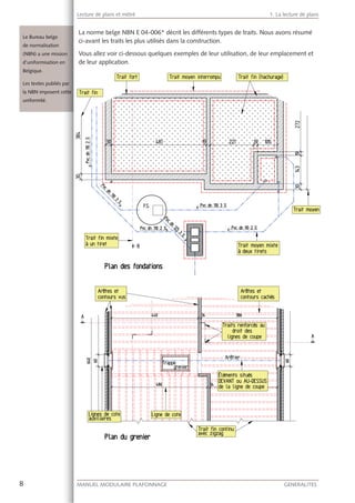 8 MANUEL MODULAIRE PLAFONNAGE GENERALITES
Lecture de plans et métré 1. La lecture de plans
La norme belge NBN E 04-006* décrit les différents types de traits. Nous avons résumé
ci-avant les traits les plus utilisés dans la construction.
Vous allez voir ci-dessous quelques exemples de leur utilisation, de leur emplacement et
de leur application.
Le Bureau belge
de normalisation
(NBN) a une missioon
d’uniformisation en
Belgique.
Les textes publiés par
la NBN imposent ccette
uniformité.
 