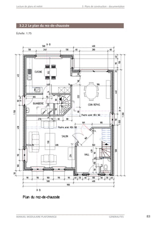 83MANUEL MODULAIRE PLAFONNAGE GENERALITES
Lecture de plans et métré 3. Plans de construction - documentation
3.2.2 Le plan du rez-de-chaussée
Échelle: 1:75
 