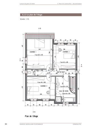 84 MANUEL MODULAIRE PLAFONNAGE GENERALITES
Lecture de plans et métré 3. Plans de construction - documentation
3.2.3 Le plan de l’étage
Échelle: 1:75
 