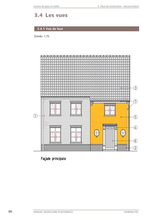88 MANUEL MODULAIRE PLAFONNAGE GENERALITES
Lecture de plans et métré 3. Plans de construction - documentation
3.4 Les vues
3.4.1 Vue de face
Échelle: 1:75
 