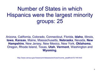 Number of States in which Hispanics were the largest minority groups: 25 Arizona, California, Colorado, Connecticut, Florida,  Idaho , Illinois,  Iowa ,  Kansas , Maine, Massachusetts,  Nebraska , Nevada,  New Hampshire , New Jersey, New Mexico, New York,  Oklahoma , Oregon, Rhode Island, Texas,  Utah ,  Vermont , Washington and  Wyoming . http.//www.census.gov/newsroom/releases/archives/income_wealth/cb10-144.html  