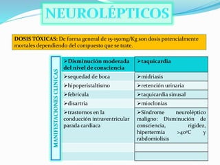 DOSIS TÓXICAS: De forma general de 15-150mg/Kg son dosis potencialmente
mortales dependiendo del compuesto que se trate.
Disminución moderada
del nivel de consciencia
taquicardia
sequedad de boca midriasis
hipoperistaltismo retención urinaria
febrícula taquicardia sinusal
disartria mioclonías
trastornos en la
conducción intraventricular
parada cardiaca
Síndrome neuroléptico
maligno: Disminución de
consciencia, rigidez,
hipertermia >40ºC y
rabdomiolisis
 