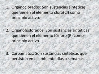 1. Órganoclorados: Son sustancias sinteticas
que tienen al elemento cloro(Cl) como
principio activo.
2. Órganofosforados: Son sustancias sintéticas
que tienen el elemento fósforo (P) como
principio activo.
3. Carbamatos: Son sustancias sintéticas que
persisten en el ambiente días a semanas.
PLAGUICIDAS Y CONTROL DE PLAGAS
 