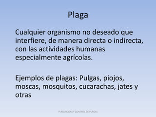 Plaga
Cualquier organismo no deseado que
interfiere, de manera directa o indirecta,
con las actividades humanas
especialmente agrícolas.
Ejemplos de plagas: Pulgas, piojos,
moscas, mosquitos, cucarachas, jates y
otras
PLAGUICIDAS Y CONTROL DE PLAGAS
 