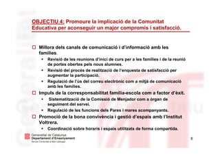 8
OBJECTIU 4: Promoure la implicació de la Comunitat
Educativa per aconseguir un major compromís i satisfacció.
Millora dels canals de comunicació i d’informació amb les
famílies.
Revisió de les reunions d’inici de curs per a les famílies i de la reunió
de portes obertes pels nous alumnes.
Revisió del procés de realització de l’enquesta de satisfacció per
augmentar la participació.
Regulació de l’ús del correu electrònic com a mitjà de comunicació
amb les famílies.
Impuls de la corresponsabilitat família-escola com a factor d’èxit.
Sistematització de la Comissió de Menjador com a òrgan de
seguiment del servei.
Regulació de les funcions dels Pares i mares acompanyants.
Promoció de la bona convivència i gestió d’espais amb l’Institut
Voltrera.
Coordinació sobre horaris i espais utilitzats de forma compartida.
 