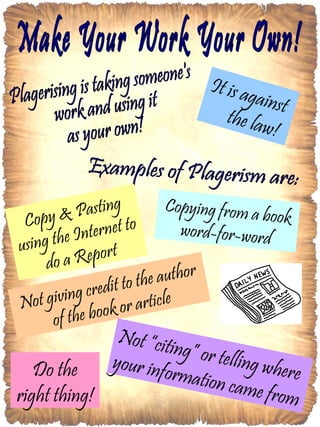Make Your Work Your Own! Plagerising is taking someone's work and using it  as your own! Examples of Plagerism are: Copy & Pasting using the Internet to do a Report Copying from a book word-for-word Not giving credit to the author of the book or article It is against  the law! Not “citing” or telling where your information came from Do the right thing! 