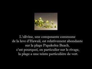 L'olivine, une composante commune
de la lave d'Hawaii, est relativement abondante
          sur la plage Papakolea Beach,
   c'est pourquoi, en particulier sur le rivage,
     la plage a une teinte particulière de vert.
 