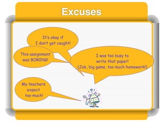 Excuses

           It’s okay if
       I don’t get caught!

This assignment                        I was too busy to
 was BORING!                           write that paper!
                             (Job, big game, too much homework!)



My teachers
  expect
 too much!
 