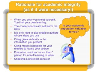 Rationale for academic integrity
         (as if it were necessary!)

•   When you copy you cheat yourself.
    You limit your own learning.
•   The consequences are not worth the            Is your academic
    risks!                                       reputation valuable
•   It is only right to give credit to authors         to you?
    whose ideas you use
•   Citing gives authority to the
    information you present
•   Citing makes it possible for your
    readers to locate your source
•   Education is not an “us vs. them”
    game! It’s about learning to learn!
•   Cheating is unethical behavior
 
