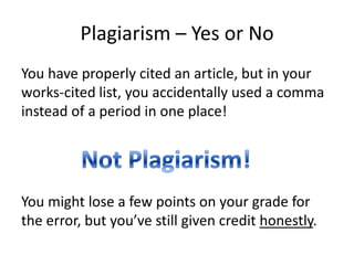 Plagiarism – Yes or NoYou have properly cited an article, but in your works-cited list, you accidentally used a comma instead of a period in one place!You might lose a few points on your grade for the error, but you’ve still given credit honestly.Not Plagiarism!