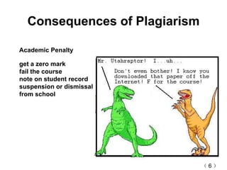 Consequences of Plagiarism Academic Penalty get a zero mark fail the course note on student record suspension or dismissal from school （ 6 ） 