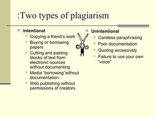 Two types of plagiarism:
 Intentional
 Copying a friend’s work
 Buying or borrowing
papers
 Cutting and pasting
blocks of text from
electronic sources
without documenting
 Media “borrowing”without
documentation
 Web publishing without
permissions of creators
 Unintentional
 Careless paraphrasing
 Poor documentation
 Quoting excessively
 Failure to use your own
“voice”
 