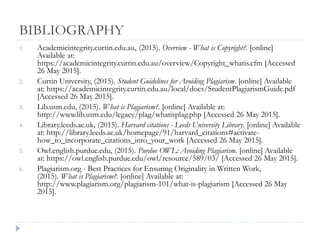 BIBLIOGRAPHY
1. Academicintegrity.curtin.edu.au, (2015). Overview - What is Copyright?. [online]
Available at:
https://academicintegrity.curtin.edu.au/overview/Copyright_whatis.cfm [Accessed
26 May 2015].
2. Curtin University, (2015). Student Guidelines for Avoiding Plagiarism. [online] Available
at: https://academicintegrity.curtin.edu.au/local/docs/StudentPlagiarismGuide.pdf
[Accessed 26 May 2015].
3. Lib.usm.edu, (2015). What is Plagiarism?. [online] Available at:
http://www.lib.usm.edu/legacy/plag/whatisplag.php [Accessed 26 May 2015].
4. Library.leeds.ac.uk, (2015). Harvard citations - Leeds University Library. [online] Available
at: http://library.leeds.ac.uk/homepage/91/harvard_citations#activate-
how_to_incorporate_citations_into_your_work [Accessed 26 May 2015].
5. Owl.english.purdue.edu, (2015). Purdue OWL: Avoiding Plagiarism. [online] Available
at: https://owl.english.purdue.edu/owl/resource/589/03/ [Accessed 26 May 2015].
6. Plagiarism.org - Best Practices for Ensuring Originality in Written Work,
(2015). What is Plagiarism?. [online] Available at:
http://www.plagiarism.org/plagiarism-101/what-is-plagiarism [Accessed 26 May
2015].
 