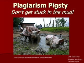 Plagiarism Pigsty   Don’t get stuck in the mud! Linda McSweeney Spaulding High School Last updated 9/23/2008 http://flickr.com/photos/garrulus/808181205/in/photostream/ 