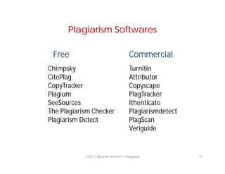 Plagiarism Softwares
Free

Commercial

Chimpsky
CitePlag
CopyTracker
Plagium
SeeSources
The Plagiarism Checker
Plagiarism Detect

Turnitin
Attributor
Copyscape
PlagTracker
Ithenticate
Plagiarismdetect
PlagScan
Veriguide

COIST | Librarian Santosh C. Hulagabali

19

 