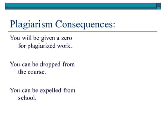 Plagiarism Consequences:
You will be given a zero
  for plagiarized work.

You can be dropped from
  the course.

You can be expelled from
  school.
 