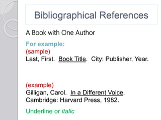 Bibliographical References
A Book with One Author
For example:
(sample)
Last, First. Book Title. City: Publisher, Year.
(example)
Gilligan, Carol. In a Different Voice.
Cambridge: Harvard Press, 1982.
Underline or italic
 