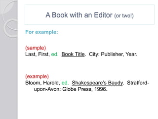 A Book with an Editor (or two!)
For example:
(sample)
Last, First, ed. Book Title. City: Publisher, Year.
(example)
Bloom, Harold, ed. Shakespeare’s Baudy. Stratford-
upon-Avon: Globe Press, 1996.
 