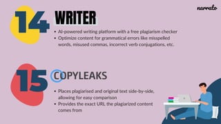 14 AI-powered writing platform with a free plagiarism checker
Optimize content for grammatical errors like misspelled
words, misused commas, incorrect verb conjugations, etc.
Places plagiarised and original text side-by-side,
allowing for easy comparison
Provides the exact URL the plagiarized content
comes from
15
narrato
 