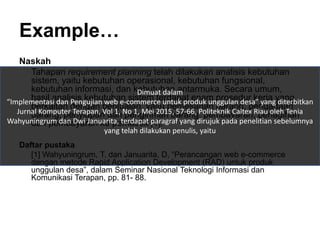 Example…
Naskah
Tahapan requirement planning telah dilakukan analisis kebutuhan
sistem, yaitu kebutuhan operasional, kebutuhan fungsional,
kebutuhan informasi, dan kebutuhan antarmuka. Secara umum,
hasil analisis kebutuhan sistem terdapat enam prosedur kerja yang
berkaitan dengan penjualan, yaitu pemesanan barang, pengadaan
barang, penyiapan dan pengiriman barang, pembayaran, penagihan
dan pembayaran ke pemasok [1].
Daftar pustaka
[1] Wahyuningrum, T. dan Januarita, D, “Perancangan web e-commerce
dengan metode Rapid Application Development (RAD) untuk produk
unggulan desa”, dalam Seminar Nasional Teknologi Informasi dan
Komunikasi Terapan, pp. 81- 88.
Dimuat dalam
“Implementasi dan Pengujian web e-commerce untuk produk unggulan desa” yang diterbitkan
Jurnal Komputer Terapan, Vol 1, No 1, Mei 2015, 57-66, Politeknik Caltex Riau oleh Tenia
Wahyuningrum dan Dwi Januarita, terdapat paragraf yang dirujuk pada penelitian sebelumnya
yang telah dilakukan penulis, yaitu
 