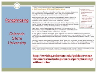 Paraphrasing


  Colorado
   State
 University


               http://writing.colostate.edu/guides/resear
               chsources/includingsources/paraphrasing/
               without.cfm
 
