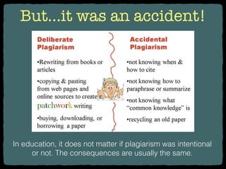 But…it was an accident!
In education, it does not matter if plagiarism was intentional
or not. The consequences are usually the same.
 