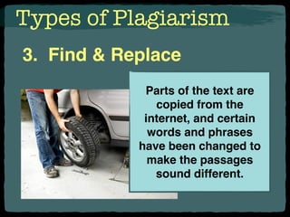 Types of Plagiarism
3. Find & Replace
Parts of the text are
copied from the
internet, and certain
words and phrases
have been changed to
make the passages
sound different.
 