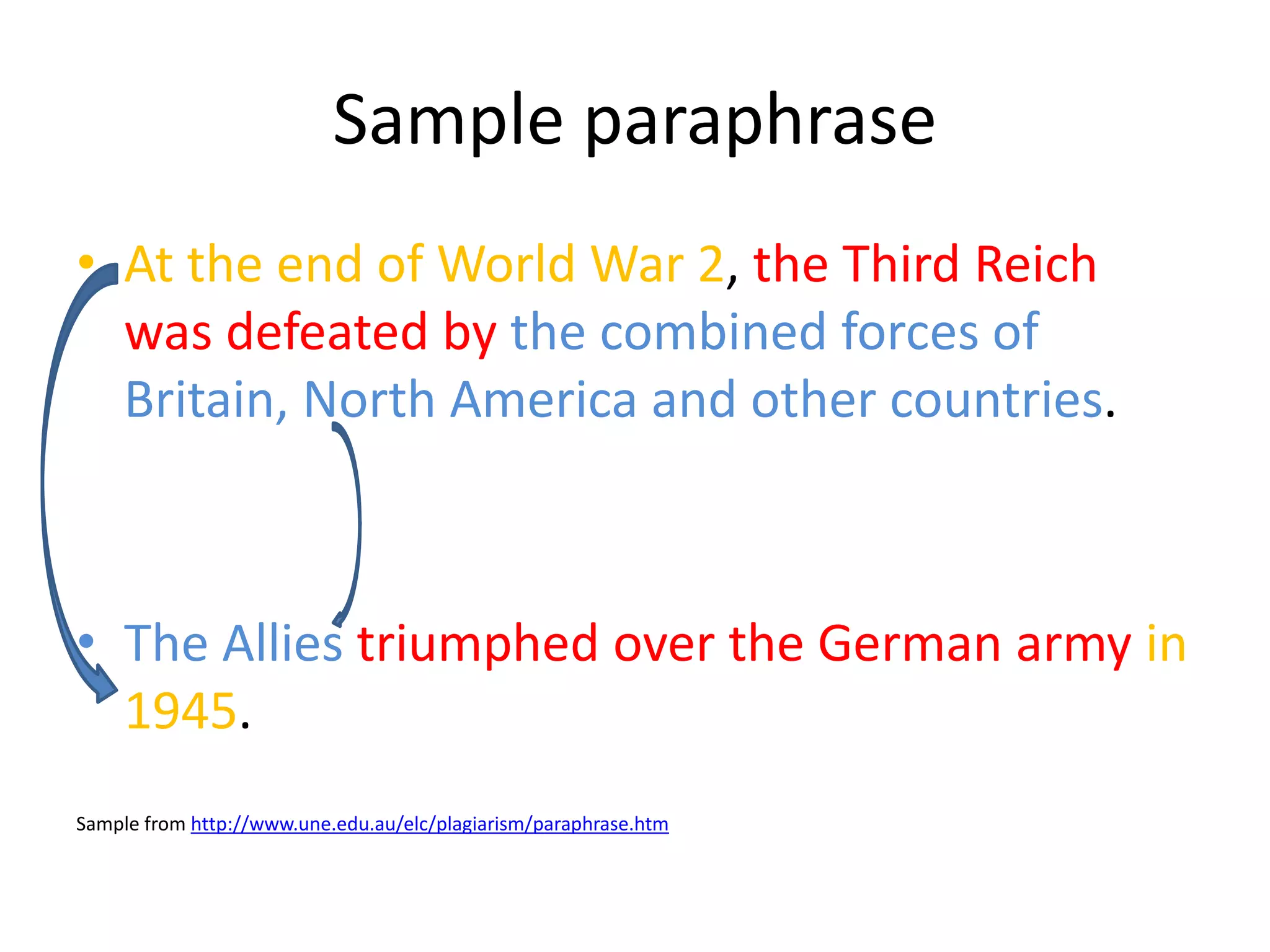 Sample paraphrase 
•At the end of World War 2, the Third Reich was defeated by the combined forces of Britain, North America and other countries. 
•The Allies triumphed over the German army in 1945. 
Sample from http://www.une.edu.au/elc/plagiarism/paraphrase.htm  