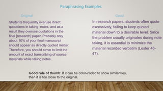 Original
Students frequently overuse direct
quotations in taking notes, and as a
result they overuse quotations in the
final [research] paper. Probably only
about 10% of your final manuscript
should appear as directly quoted matter.
Therefore, you should strive to limit the
amount of exact transcribing of source
materials while taking notes.
Good
In research papers, students often quote
excessively, failing to keep quoted
material down to a desirable level. Since
the problem usually originates during note
taking, it is essential to minimize the
material recorded verbatim (Lester 46-
47).
Good rule of thumb: If it can be color-coded to show similarities,
then it is too close to the original.
Paraphrasing Examples
 