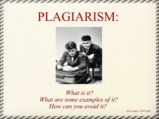 PLAGIARISM:   What is it? What are some examples of it?  How can you avoid it?    Erin Tanner, EDT 6005 