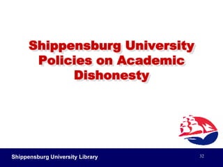 Shippensburg University Library30How Many Ways Can I Plagiarize?Let Me Count the WaysQuote less than all the wordsParaphrase it Fake a citation