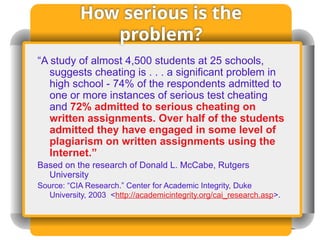 How serious is the
problem?
“A study of almost 4,500 students at 25 schools,
suggests cheating is . . . a significant problem in
high school - 74% of the respondents admitted to
one or more instances of serious test cheating
and 72% admitted to serious cheating on
written assignments. Over half of the students
admitted they have engaged in some level of
plagiarism on written assignments using the
Internet.”
Based on the research of Donald L. McCabe, Rutgers
University
Source: “CIA Research.” Center for Academic Integrity, Duke
University, 2003 <http://academicintegrity.org/cai_research.asp>.
 