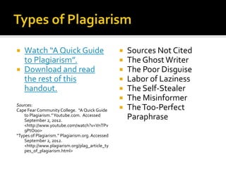  Watch “A Quick Guide                               Sources Not Cited
  to Plagiarism”.                                    The Ghost Writer
 Download and read                                  The Poor Disguise
  the rest of this                                   Labor of Laziness
  handout.                                           The Self-Stealer
                                                     The Misinformer
Sources:
Cape Fear Community College. “A Quick Guide          The Too-Perfect
    to Plagiarism.” Youtube.com. Accessed
    September 2, 2012.
                                                      Paraphrase
    <http://www.youtube.com/watch?v=VnTPv
    9PtOoo>
“Types of Plagiarism.” Plagiarism.org. Accessed
    September 2, 2012.
    <http://www.plagiarism.org/plag_article_ty
    pes_of_plagiarism.html>
 