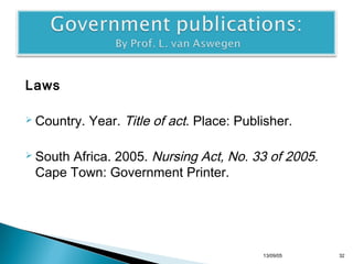 Laws
 Country.

Year. Title of act. Place: Publisher.

Africa. 2005. Nursing Act, No. 33 of 2005.
Cape Town: Government Printer.

 South

13/10/22

32

 