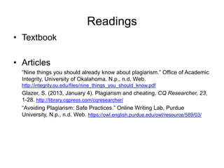 Readings
• Textbook
• Articles
“Nine things you should already know about plagiarism.” Office of Academic
Integrity, University of Okalahoma. N.p., n.d. Web.
http://integrity.ou.edu/files/nine_things_you_should_know.pdf

Glazer, S. (2013, January 4). Plagiarism and cheating. CQ Researcher, 23,
1-28. http://library.cqpress.com/cqresearcher/
“Avoiding Plagiarism: Safe Practices.” Online Writing Lab, Purdue
University, N.p., n.d. Web. https://owl.english.purdue.edu/owl/resource/589/03/

 