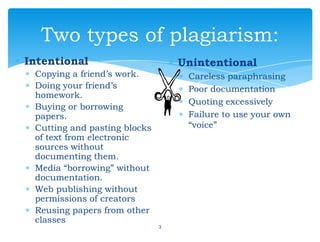 Two types of plagiarism:
3
Intentional
Copying a friend’s work.
Doing your friend’s
homework.
Buying or borrowing
papers.
Cutting and pasting blocks
of text from electronic
sources without
documenting them.
Media “borrowing” without
documentation.
Web publishing without
permissions of creators
Reusing papers from other
classes
Unintentional
Careless paraphrasing
Poor documentation
Quoting excessively
Failure to use your own
“voice”
 