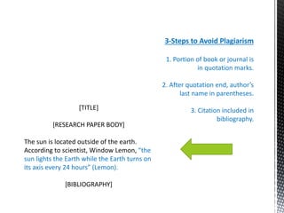 3-Steps to Avoid Plagiarism
1. Portion of book or journal is
in quotation marks.
2. After quotation end, author’s
last name in parentheses.
3. Citation included in
bibliography.
[TITLE]
[RESEARCH PAPER BODY]
The sun is located outside of the earth.
According to scientist, Window Lemon, “the
sun lights the Earth while the Earth turns on
its axis every 24 hours” (Lemon).
[BIBLIOGRAPHY]
 