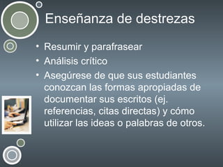 Enseñanza de destrezas
• Resumir y parafrasear
• Análisis crítico
• Asegúrese de que sus estudiantes
conozcan las formas apropiadas de
documentar sus escritos (ej.
referencias, citas directas) y cómo
utilizar las ideas o palabras de otros.

 