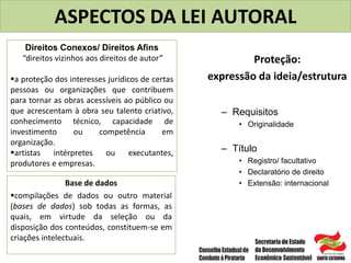 ASPECTOS DA LEI AUTORAL
Proteção:
expressão da ideia/estrutura
– Requisitos
• Originalidade
– Título
• Registro/ facultativo
• Declaratório de direito
• Extensão: internacional
Direitos Conexos/ Direitos Afins
“direitos vizinhos aos direitos de autor”
a proteção dos interesses jurídicos de certas
pessoas ou organizações que contribuem
para tornar as obras acessíveis ao público ou
que acrescentam à obra seu talento criativo,
conhecimento técnico, capacidade de
investimento ou competência em
organização.
artistas intérpretes ou executantes,
produtores e empresas.
Base de dados
compilações de dados ou outro material
(bases de dados) sob todas as formas, as
quais, em virtude da seleção ou da
disposição dos conteúdos, constituem-se em
criações intelectuais.
 