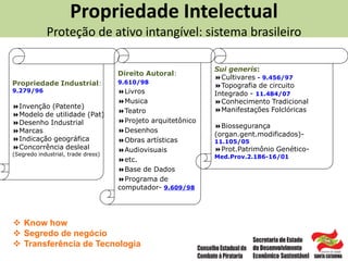 Propriedade Intelectual
Proteção de ativo intangível: sistema brasileiro
Direito Autoral:
9.610/98
Livros
Musica
Teatro
Projeto arquitetônico
Desenhos
Obras artísticas
Audiovisuais
etc.
Base de Dados
Programa de
computador- 9.609/98
Propriedade Industrial:
9.279/96
Invenção (Patente)
Modelo de utilidade (Pat)
Desenho Industrial
Marcas
Indicação geográfica
Concorrência desleal
(Segredo industrial, trade dress)
Sui generis:
Cultivares - 9.456/97
Topografia de circuito
Integrado - 11.484/07
Conhecimento Tradicional
Manifestações Folclóricas
Biossegurança
(organ.gent.modificados)-
11.105/05
Prot.Patrimônio Genético-
Med.Prov.2.186-16/01
 Know how
 Segredo de negócio
 Transferência de Tecnologia
 