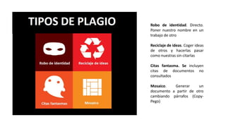 Robo de identidad. Directo.
Poner nuestro nombre en un
trabajo de otro
Reciclaje de ideas. Coger ideas
de otros y hacerlas pasar
como nuestras sin citarlas
Citas fantasma. Se incluyen
citas de documentos no
consultados
Mosaico. Generar un
documento a partir de otro
cambiando párrafos (Copy-
Pego)
 