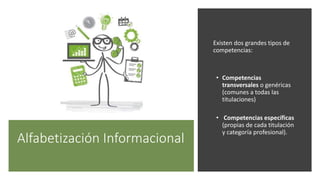 Alfabetización Informacional
Existen dos grandes tipos de
competencias:
• Competencias
transversales o genéricas
(comunes a todas las
titulaciones)
• Competencias específicas
(propias de cada titulación
y categoría profesional).
 