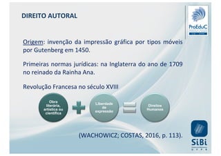 DIREITO AUTORAL
Origem: invenção da impressão gráfica por tipos móveis
por Gutenberg em 1450.
Primeiras normas jurídicas: na Inglaterra do ano de 1709
no reinado da Rainha Ana.
Revolução Francesa no século XVIII
(WACHOWICZ; COSTAS, 2016, p. 113).
Obra
literária,
artística ou
científica
Liberdade
de
expressão
Direitos
Humanos
 