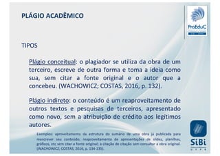 PLÁGIO ACADÊMICO
TIPOS
Plágio conceitual: o plagiador se utiliza da obra de um
terceiro, escreve de outra forma e toma a ideia como
sua, sem citar a fonte original e o autor que a
concebeu. (WACHOWICZ; COSTAS, 2016, p. 132).
Plágio indireto: o conteúdo é um reaproveitamento de
outros textos e pesquisas de terceiros, apresentado
como novo, sem a atribuição de crédito aos legítimos
autores.
Exemplos: aproveitamento da estrutura do sumário de uma obra já publicada para
reescrever seu conteúdo; reaproveitamento de apresentações de slides, planilhas,
gráficos, etc sem citar a fonte original; a citação de citação sem consultar a obra original.
(WACHOWICZ; COSTAS, 2016, p. 134-135).
 