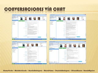CONVERSACIONES VÍA CHAT




AismarVerde – WuintherLiendo – RoseliaRodríguez – MaríaPalma – DanielaRodríguez – SilvanaBianco - RonaldAguirre
 