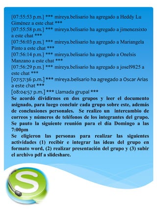 [07:55:53 p.m.] *** mireya.belisario ha agregado a Heddy Lu
Giménez a este chat ***
[07:55:58 p.m.] *** mireya.belisario ha agregado a jimenezsixto
a este chat ***
[07:56:03 p.m.] *** mireya.belisario ha agregado a Mariangela
Pinto a este chat ***
[07:56:14 p.m.] *** mireya.belisario ha agregado a Onelsis
Manzano a este chat ***
[07:56:29 p.m.] *** mireya.belisario ha agregado a josel9825 a
este chat ***
[07:57:36 p.m.] *** mireya.belisario ha agregado a Oscar Arias
a este chat ***
[08:04:57 p.m.] *** Llamada grupal ***
Se acordó dividirnos en dos grupos y leer el documento
asignado, para luego concluir cada grupo sobre este, además
de conclusiones personales. Se realizo un intercambio de
correos y números de teléfonos de los integrantes del grupo.
Se pauto la siguiente reunión para el día Domingo a las
7:00pm
Se eligieron las personas para realizar las siguientes
actividades (1) recibir e integrar las ideas del grupo en
formato word, (2) realizar presentación del grupo y (3) subir
el archivo pdf a slideshare.
 